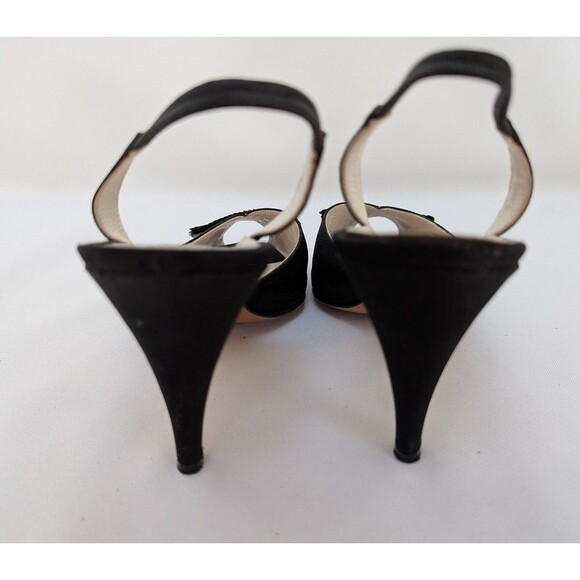 Casadei Woman's Shoes Sz 7 1/2 Black Leather Satin with Sequin Bow Sling Back - Picture 5 of 9